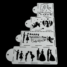 4PCS Happy Valentine's Day Fondant Decorating Love Cake Stencil Wedding Decoration Cupcake Template Mold Baking Tool 2024 - buy cheap