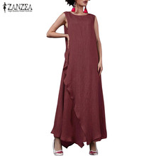 2021 ZANZEA Summer Fashion Solid Split Dress Women Casual Sleeveless O Neck Ruffled Party Loose Long Maxi Dresses Sundress Robe 2024 - buy cheap