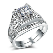 Huitan conjunto de aliança de casamento feminina, anéis clássicos com corte de princesa de zircônio cúbico conjunto de anéis de eternidade banhados a prata para mulheres 2 peças 2024 - compre barato