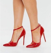 Stylish Red Patent Leather  T Bar Pump Women Shoes Pointed Toe Ankle Strap Wedding Shoes Bride Low Cut High Stiletto Shoes 2024 - buy cheap