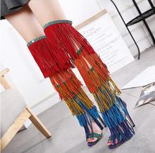 Sexy Rainbow Fringed Women Over the Knee Boots Open Toe Buckles Side Ladies Back zipper Gladiator Mixed Color High Heel Boots 2024 - buy cheap