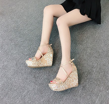 Sexy Bling Flower Embellished Platform Wedge High Heels Sandals Ladies Ankle Strap Women Bling Heels Party Beach Sandalias 2024 - buy cheap