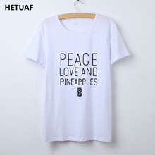 Hestuaf camiseta feminina de algodão, estampa da paz amor e abacaxi, camiseta feminina estilo harajuku, moda coreana, tops de tamanho grande 2024 - compre barato