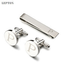 Lepton Round Laser Letter Cufflinks And Tie Clips Set  Letters P Cuff links For Mens French Shirt Cuffs Cufflink Relojes Gemelos 2024 - buy cheap