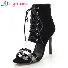 Lasyarrow-Sandalias de tacón alto con punta abierta para mujer, zapatos de calcetín con cordones, botines a la moda, color negro, talla 32-46 2024 - compra barato