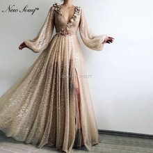 2019 V Neck High Split Prom Dresses Beaded Moroccan Kaftan Islamic Evening Gowns Robe De Soiree Arabic Party Dress Abendkleider 2024 - buy cheap
