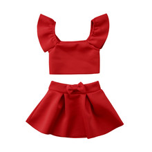 Conjunto de roupas infantis para crianças de 0-4 anos, blusa curta vermelha com ombro de fora + saia curta, roupas de verão 2024 - compre barato