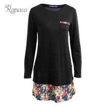 Romacci Plus Size Womens Dress 4XL 5XL Fashion Women Vintage Dress O Neck Pocket Floral Hem Long Sleeves Casual Loose Mini Dress 2024 - buy cheap