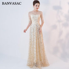 BANVASAC Sequined O Neck Bow Sash A Line Long Evening Dresses Party Half Sleeve Illusion Zipper Backless Prom Gowns 2024 - buy cheap