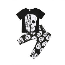 Детская Хлопковая футболка с коротким рукавом и черепом, длинные штаны, комплект одежды из 2 предметов для мальчиков, модная летняя одежда для детей, с принтом в виде черепа 2024 - купить недорого