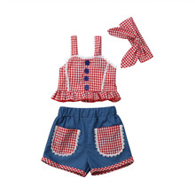 Baby Girl Clothes Fashion Cute Toddler Baby Girls Plaid Vest Crop Lace Tops Short Pants Bow Lace Headband Outfits Clothes 1-5T 2024 - buy cheap