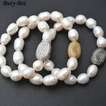 Paved CZ Metal Oval Nugget Charm Natural Fresh Water Pearl Beads Elastic Line Bracelets Party Jewelry 2024 - buy cheap