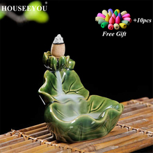 Green Lotus Backflow Incense Burner Glaze Ceramic Stick Incense Holder Porcelain Smoke Waterfall Back Flow Aromatherapy Censer 2024 - buy cheap