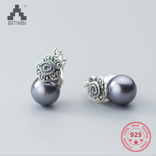 Pendientes de plata de ley 925 estilo coreano para mujer, joyería sencilla, Retro, Vintage, elegante, flor, pendiente de perla de concha 2024 - compra barato