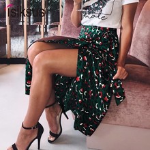 Isiksus Vintage Leopard Print Long Skirts Women High Waist Skirt Bow Tie Summer Sexy Split Wrap Skirt Ladies Green Beach SK015 2024 - buy cheap