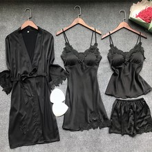 Lisacmvpnel 4 Pcs Ice Silk Pajama Set With Pad Nightgown+Cardigan+Short Set Lace Sexy  Pyjama For Women 2024 - buy cheap