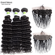 Pré Depenado lace frontal encerramento com bundles onda profunda do cabelo humano brasileiro do cabelo weave bundles com orelha a orelha fechamento remy 4pcs 2024 - compre barato