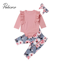 2019 Brand New Infant Baby Girls 3PCS Sets Pink Ruffles Long Sleeve Romper Tops+Floral Pants+Headband Autumn Winter Clothes 2024 - buy cheap