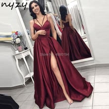 NYZY P16 Satin Dress High Leg Cut Slit Burgundy Prom Dresses Long 2019 Halter Formal Dress Women Elegant vestido robe soiree 2024 - buy cheap