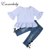 Emmababy 2019 Toddler Kids Baby Girl Blue Ruffle Stripe Tops Denim Pants Jeans Outfits Clothes Fashion 1-5Y 2024 - buy cheap
