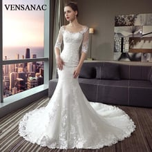 VENSANAC Illusion Pearls Scoop Neck Mermaid Lace Appliques Wedding Dresses Half Sleeve Court Train Backless Bridal Gowns 2024 - buy cheap