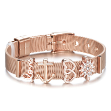 Pulseira de aço inoxidável, bracelete de malha com berloque de âncora em coração cristalino 2024 - compre barato