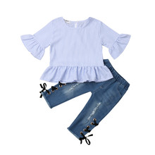 Children Toddler Kids Baby Girl Sets Suits Striped Tops Ripped Denim Butterfly Sleeve Casual Fashion Outfit Polyester Clothes 2024 - buy cheap