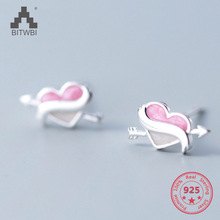 Flecha de amor de Cupido de corazón rosa para mujer, delicado estilo japonés de Plata de Ley 925, pendiente de tuerca, joyería 2024 - compra barato