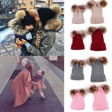 Chapéu tricotado para bebês e crianças, boné quente, de inverno, de pele grande, para pais e filhos, 2018 2024 - compre barato