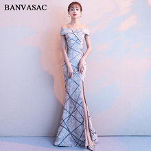 BANVASAC Stripes Boat Neck Sexy Split Mermaid Long Evening Dresses Off The Shoulder Backless Party Prom Gowns 2024 - buy cheap