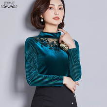 Women Semi-high Collar Gold Velvet Lace Bottoming Shirt 2019 Spring New Stitching Slim Fit Fashion Vintage Jacket Female Hj210 2024 - buy cheap