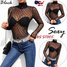 Women New Black Sheer Mesh Lace Jumpsuit Long Sleeve Top Turtleneck Bodysuit US 2024 - buy cheap