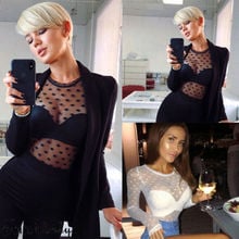 Sexy Mesh T-Shirt Women Long Sleeve Sheer Mesh Transparent Polka Dot Club Lady See Through Shirt Top 2024 - buy cheap