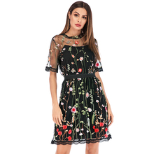 Women Dress Women Summer Dress Elegant Party Dresses Floral Embroidery Sheer Mesh Short Sleeve Stand Collar Lace Mini Sexy Dress 2024 - buy cheap