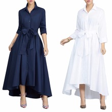 Autumn Women White/Blue Long Shirt Dress Turn Down Collar Long Sleeve Elastic Waist Maxi Party Dresses Office Lady Work Wear 2024 - buy cheap