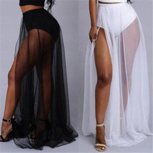 Women High Waist Mesh Skirts Empire See Through Sheer Side Split Skirt Solid Transparent Chiffon Maxi Long Skirt Summer 2018 2024 - buy cheap