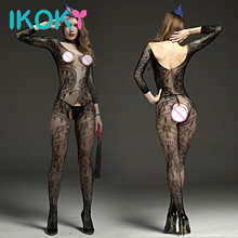 Ikoky capa de gato com meia-calça e virilha aberta, lingerie sexy de malha com manga longa, vestuário erótico, íntimo, perspectiva de uma peça 2024 - compre barato