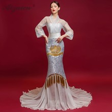 White Fashion Mermaid Long Cheongsam China Host Evening Gown Modern Stage Show Qi Pao Women Chinese Traditional Dress Qipao 2024 - buy cheap