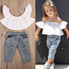 От 6 месяцев до 4 лет, летние топы с открытыми плечами для маленьких девочек + джинсовые штаны комплект джинсовой одежды с дырками 2024 - купить недорого