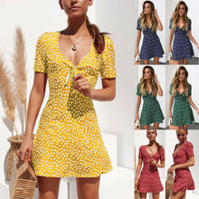 Women's Deep V-Neck Floral Mini Dress Summer Retro Short Sleeve Bow Dot Loose Dress 2024 - buy cheap