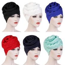 Fashion Women Beanie With Flower Ruffle Muslim Turban Pearl Beaded Hair Loss Hat Head Wrap Cancer Chemo Cap Fashion Bonnet Cap 2024 - buy cheap