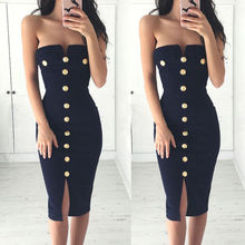 Women Office Ladies Summer Button Sheath Dresses Strapless Sleeveless Bodycon Evening Party Solid Short Knee Length Dress 2024 - buy cheap