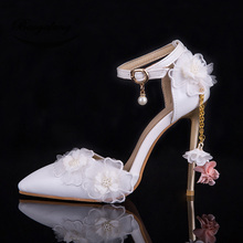 BaoYaFang 11cm High heeled Pointed Toe wedding shoes 2019 NEW ARRIVE Womens Fashion Pumps white Lace shoes ankle strap buckle 2024 - buy cheap