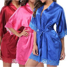 Pop-vestido de noche Sexy para mujer, Kimono de encaje satinado, ropa de dormir, lencería, vestido con cuello en V 2024 - compra barato