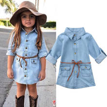 Весенне-осеннее короткое джинсовое мини-платье для маленьких девочек Изящные Повседневные Вечерние джинсовые платья-рубашки с длинными рукавами и поясом модная одежда для девочек 2024 - купить недорого