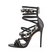 Hot Selling Black Leather Chain Decor Women Sandals Cut-out Peep Toe Cross Strap Summer Dress Shoes Plus Size Gladiator Sandal 2024 - buy cheap