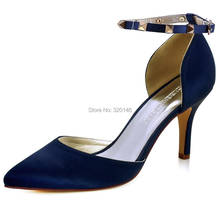 Women pointed toe pumps high heel prom party wedding shoes Satin ankle strap bridesmaids Lady HC1811 Black ivory Navy Blue 2024 - buy cheap