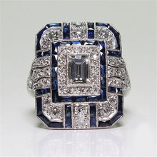 Женское кольцо в стиле ретро, квадратная форма, кольцо из белого и синего циркония, классические украшения для свадьбы и помолвки 2024 - купить недорого