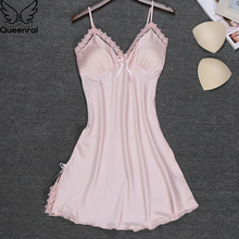 Queenral Sexy Lace Nightgowns For Women Summer Sleepwear Silk Satin Night Dress Lingerie Home Wear Nightie Nightwear With Pad 2024 - buy cheap