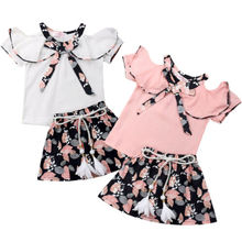 Summer Toddler Baby Girl Clothes Princess Short Sleeve Floral Tops Shirt+Dress Outfits Children Set Clothes 4-8 Y 2024 - купить недорого
